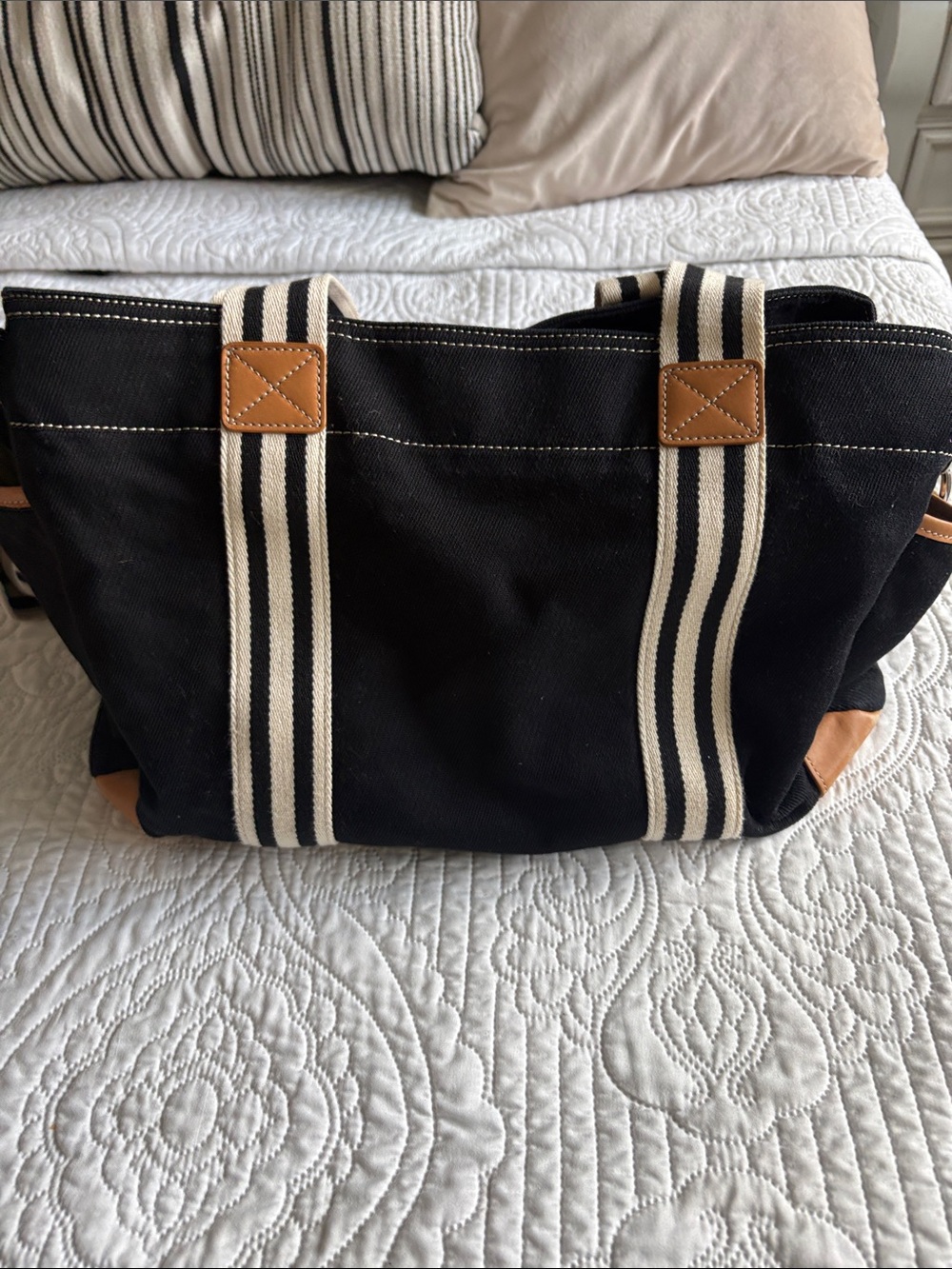 Classic Black Canvas and Tan Leather Travel Tote - Picture 3 of 16
